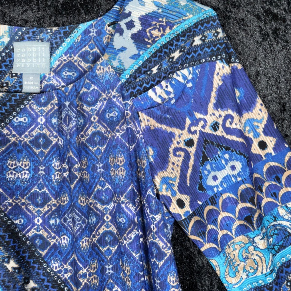 Rabbit Rabbit Rabbit Petite Blue Ikat Patchwork V-Neck 3/4 Sleeve Dress Size 12 - Picture 7 of 8